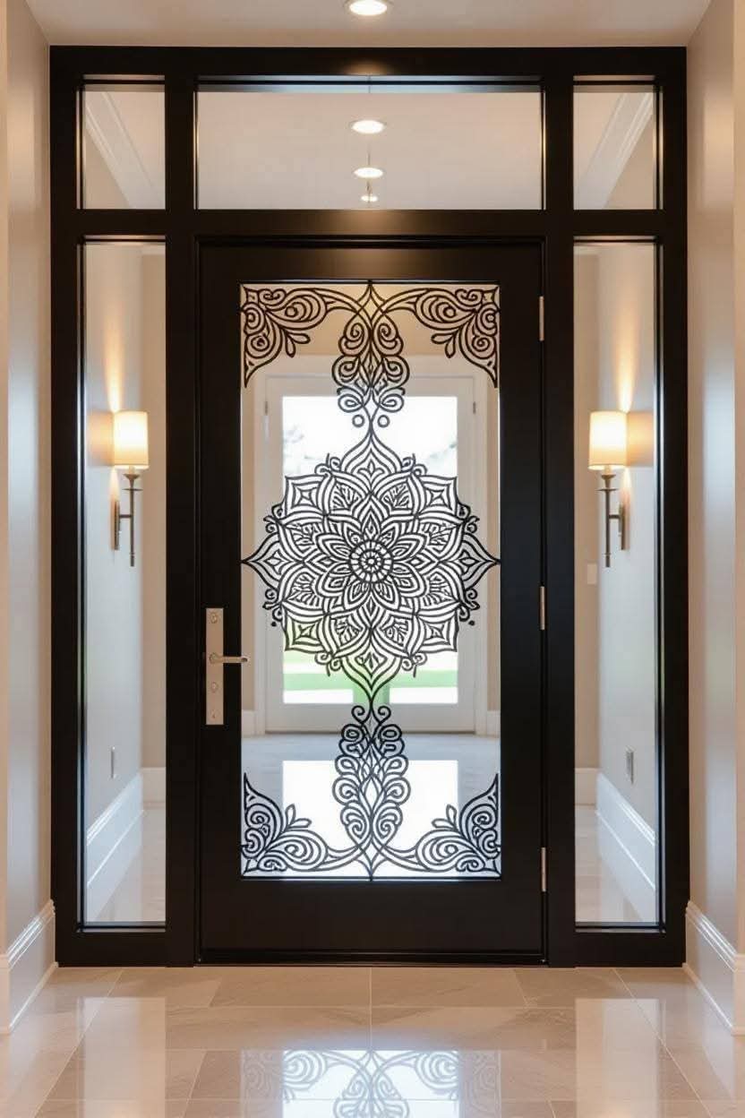 Black framed decorative glass entrance door